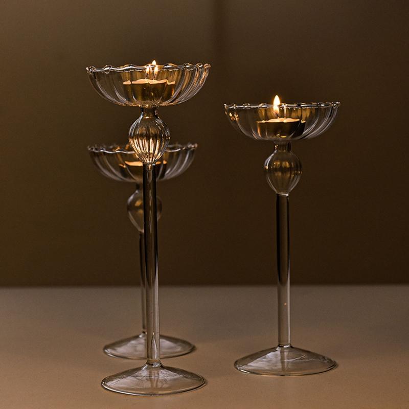 Стеклянный высокий подсвечник на ножках, подставка для свечи ручной работы, домашнее украшение для гостиной, спальни, офисного стола