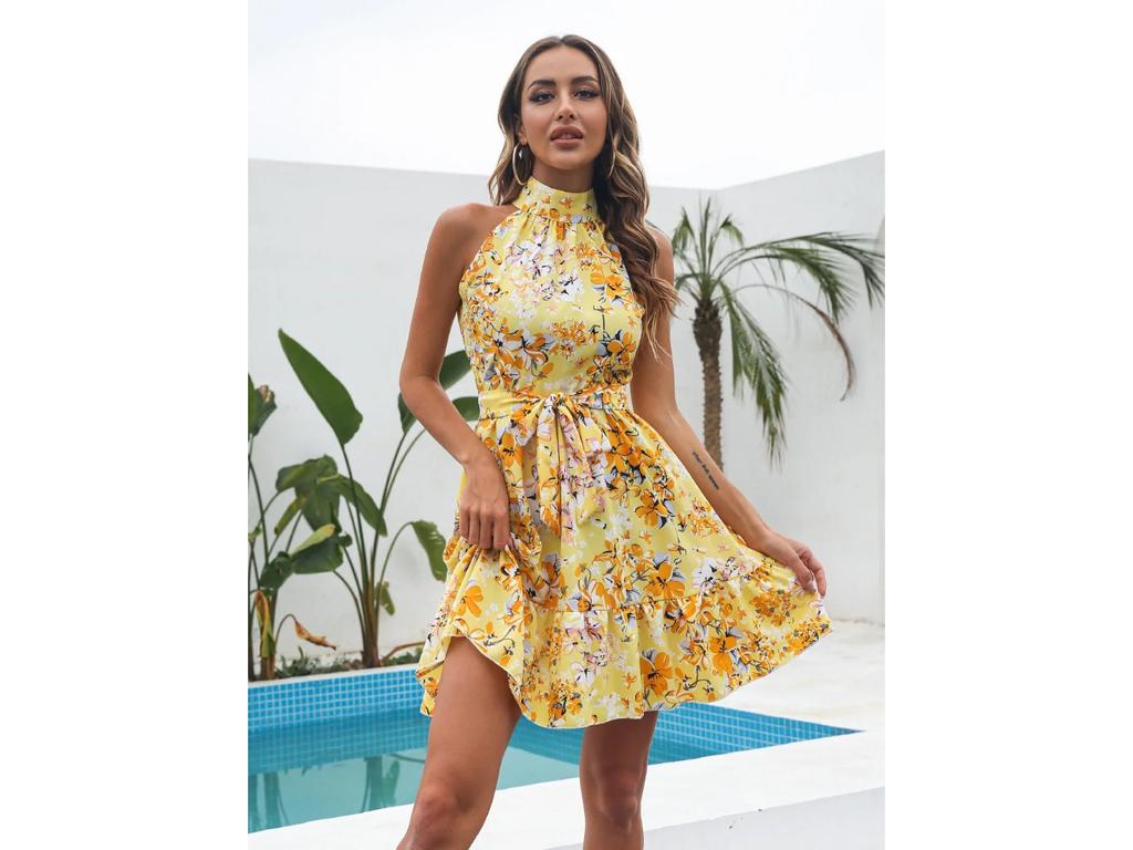 Летнее шифоновое платье, женское сексуальное платье с цветочным принтом и рюшами, праздничный пляжный сарафан, повседневное розовое короткое платье трапециевидной формы с лямкой на шее, 2024