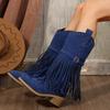 Autumn and Winter Women Pointed Toe Fringes Thick Heel High Boots Plus Size Fashion Retro Rivet Belt Buckle Zipper Mid-Calf Boot