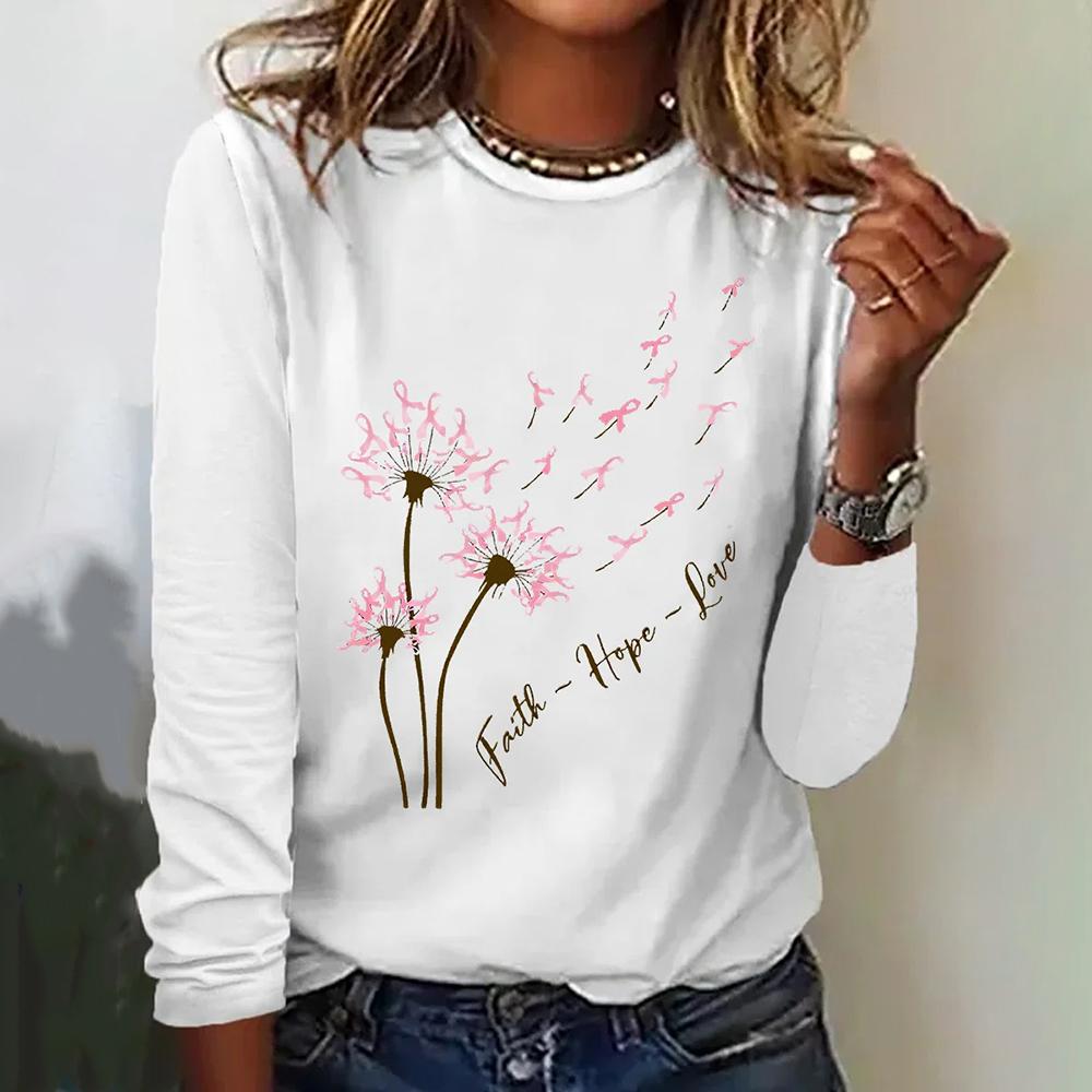 Dandelion Pink Ribbon Print Womens T-Shirt Designer Long Sleeve T-Shirt Polyester Women Fashion Long Sleeve