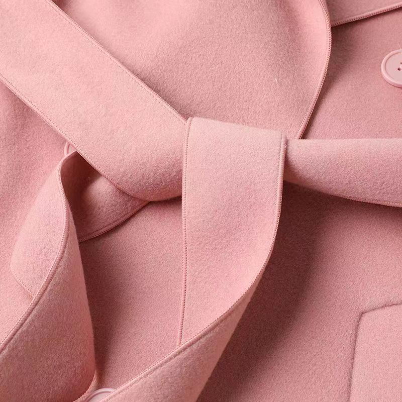 Теплое и модное однотонное шерстяное пальто для женщин с поясом на осень и зиму