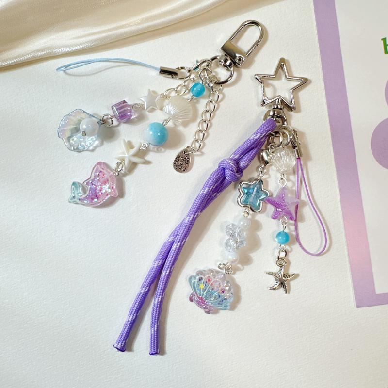 Sweet Purple Shell Star Dolphin Keyring Beaded Keychain Phone Chain Backpack Bag Pendant Charm Car Key Decoration Accessories