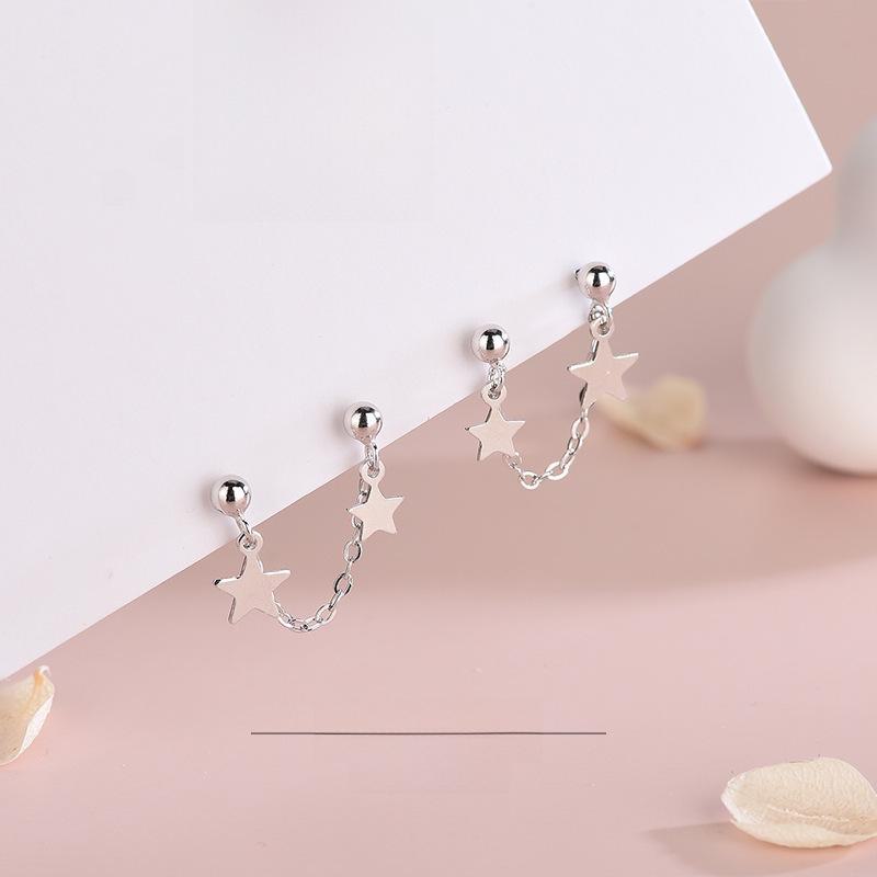 Серьги-кисточки из стерлингового серебра 925 пробы с корейскими круглыми бусинами и звездочками, двойной способ ношения, пятиконечная звезда, одинарная серьга для двух проколов в ухе