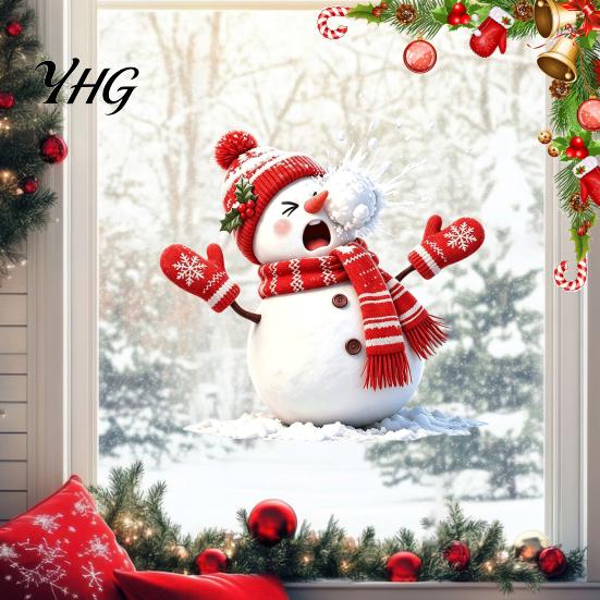 Seasonal Home Window Ornaments Christmas Snowman Static Cling, Funny Sticker, Reusable Removable Wall Decals Xmas Glass Decal for Shop Holiday