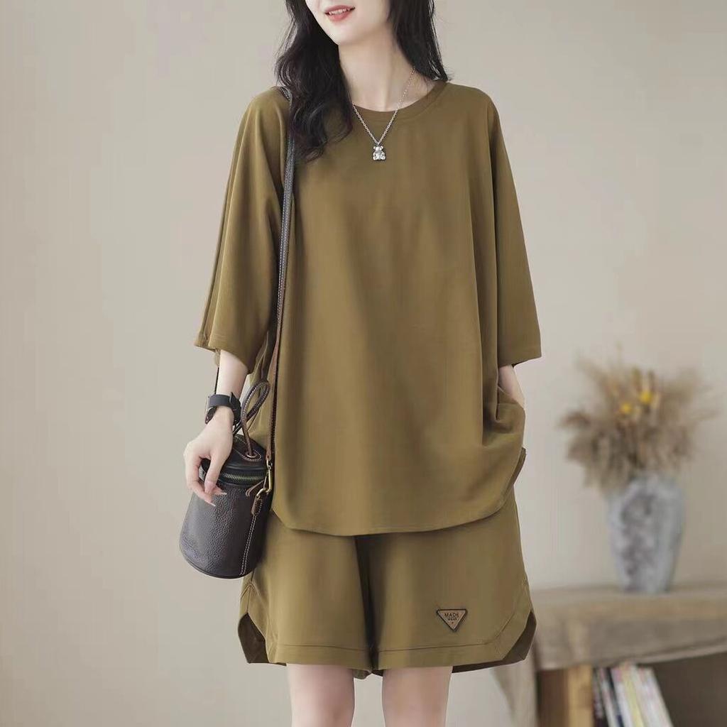 Женский летний комплект свободного покроя больших размеров, топ с коротким рукавом + шорты, повседневный удобный комплект из двух предметов
