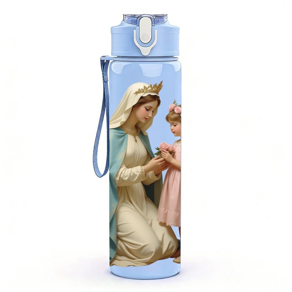 1PC Mary Hugging Little Girl Religious Print 750ml Color Plastic Sports Water Bottle Leakproof Flip Straw Lid Suitable for Sports Office Home Use