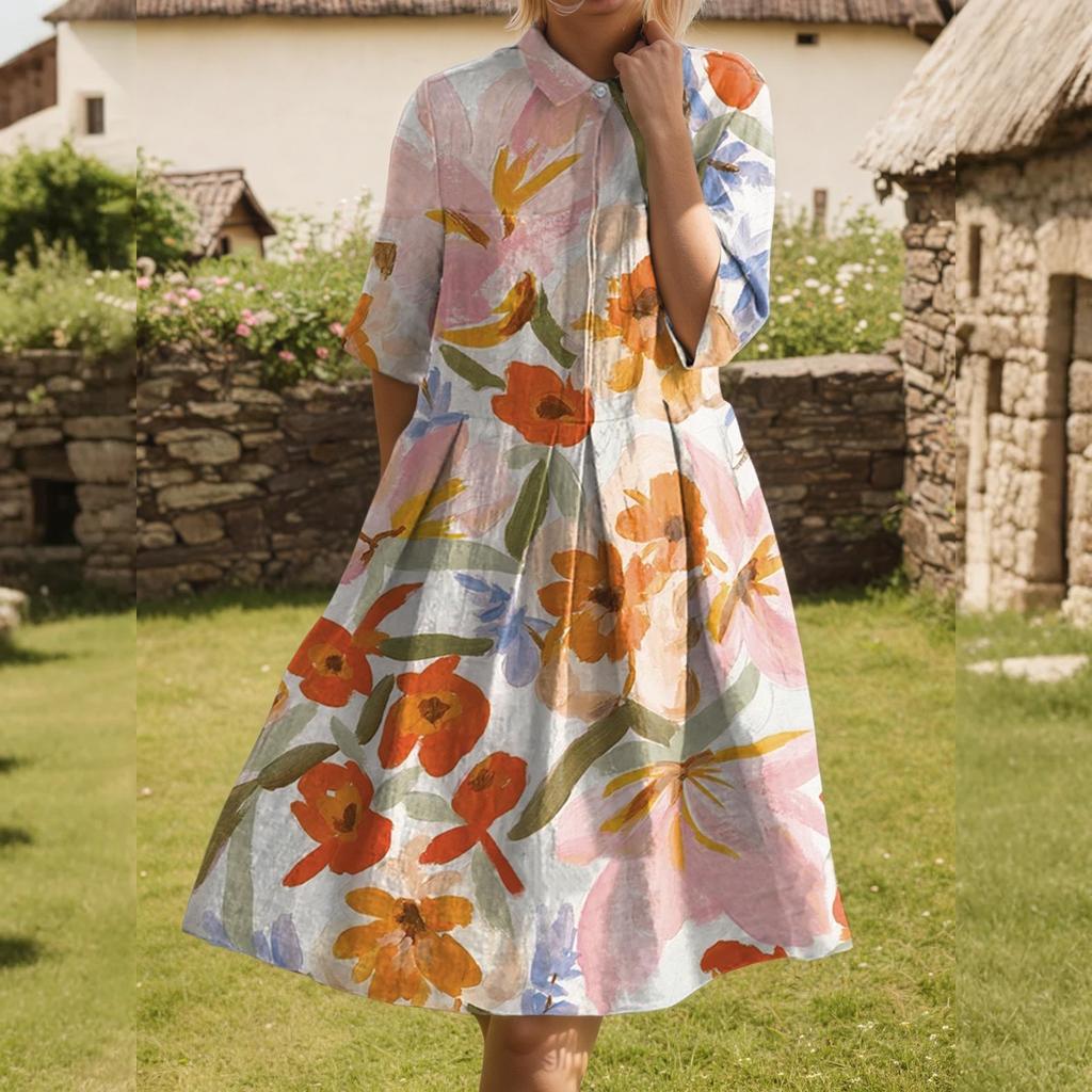 Dress For Women Elegant Casual Smocked Button Lapel Short Sleeve Knee Length Dress