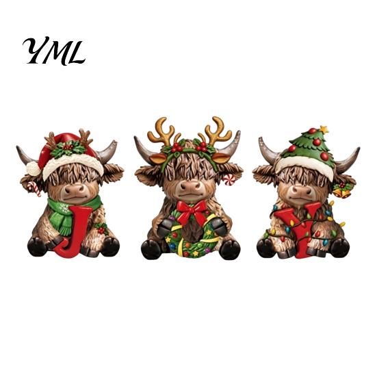 Decorative Ornaments for Workspace 3Pcs Christmas Highland Cow Figurine, Resin Yak Statues with JOY Letter Sign, Home Decor Farmhouse Tabletop