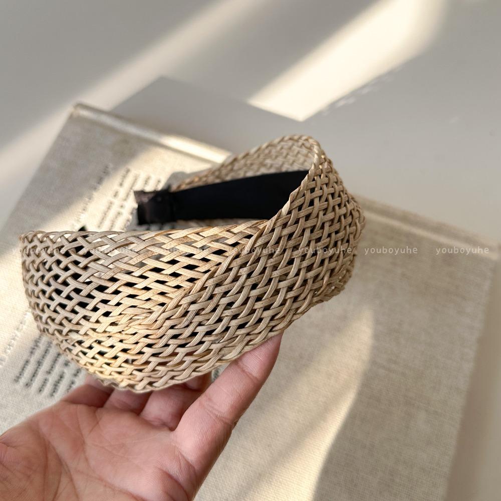 Hollow Straw Weave Headband Vacation Style Bohemian Style Hair Hoop Wide Edge Hairband Women