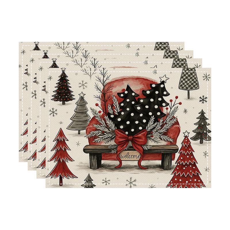 New Christmas Faux Linen Heat-Resistant Table Placemats - Rectangular Festive Dining Decor.