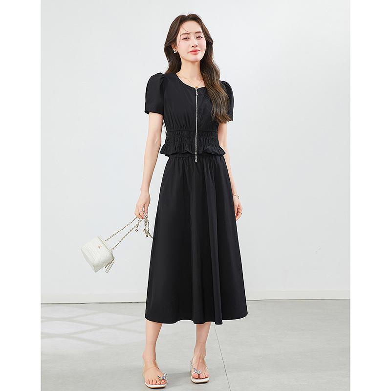 Two piece set of slimming and anti-aging waist cinching short sleeved top+high waist versatile skirt