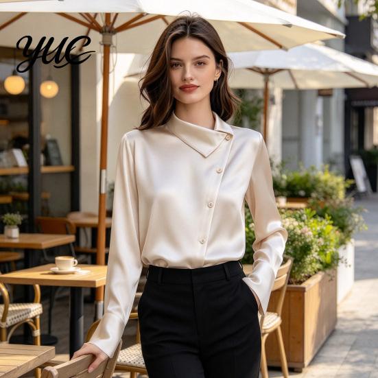 Button Front Business Casual Shirt Women Satin Blouse, Skew Collar Long Sleeve Shirt, Smooth Office Breathable Polyester Tops with Down, Commuting for