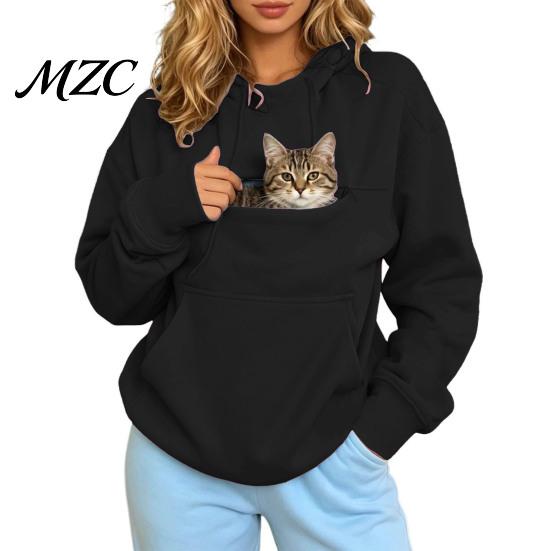 Solid Color Sweatshirt Women Hoodie with Pet Pouch, Hooded Kangaroo Cat Pouch Pocket Pullover Pocket, Casual Top for Carrying Small Dogs Cats Holder