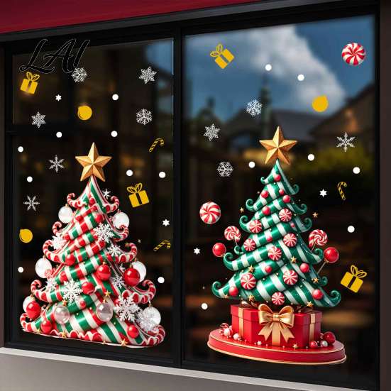 Weatherproof Balcony Stickers Christmas Tree Window Decals Candy Striped Snowflake Wall Stickers Waterproof Festive Home Decor PVC Removable