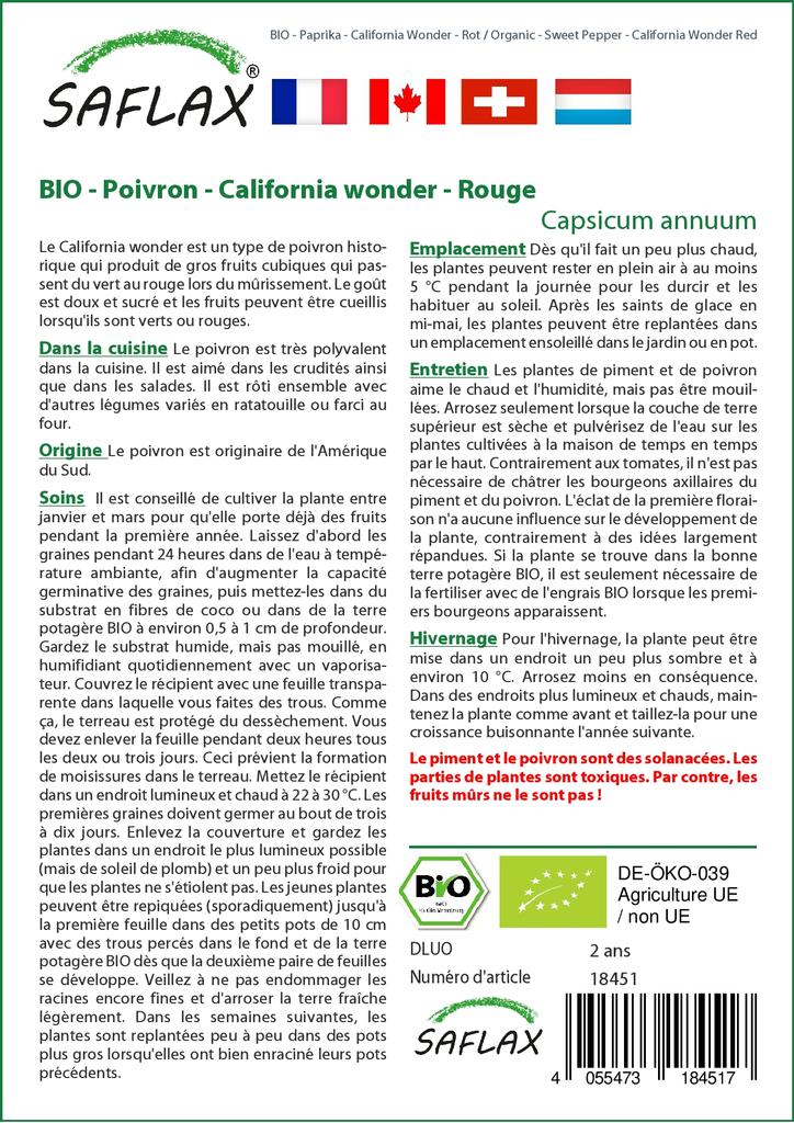 SAFLAX Organic - Sweet Pepper - California Wonder Red - 20 Seeds - Capsicum Annuum