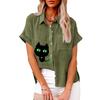 Большие размеры Женская модная льняная рубашка Лето и осень Повседневная блузка с принтом кота Женская свободная футболка с короткими рукавами на пуговицах