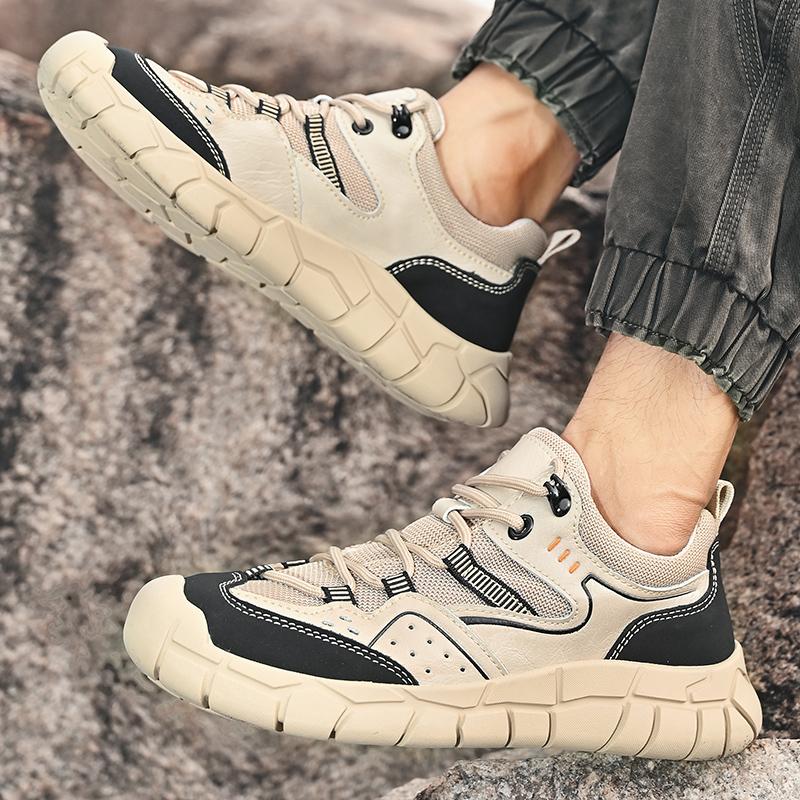 Fashion Lace-Up Men's Outdoor Shoes Antiskid Men Casual Walking Shoes All-match Mens Comfortable Sneakers Genuine Leather Hiking Flats