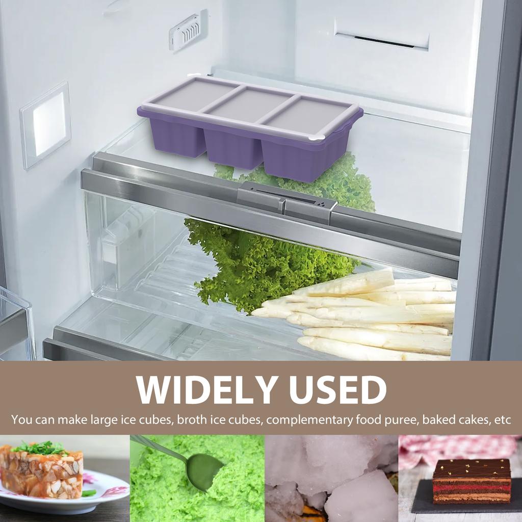 2Pcs 3 Grid Silicone Freezer Tray Food Freezer Container with Lid Soup Reusable Sauce Cube Mold Kitchen Accessories 1 Cup/250 Ml