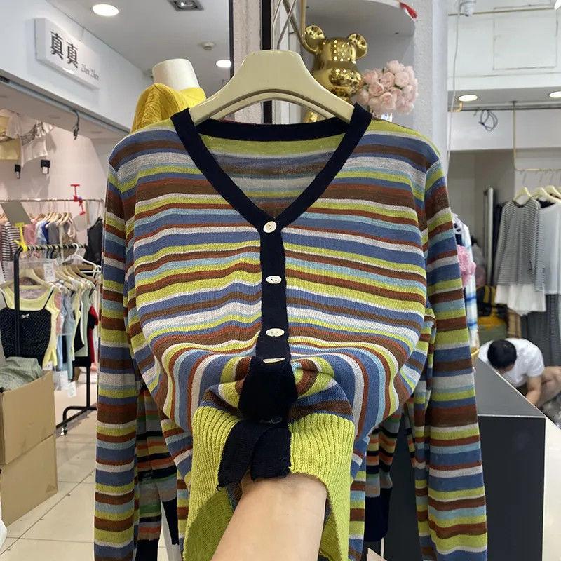 Contrasting Color Rainbow Stripe Knitted Cardigan Autumn and Winter New Fashion Temperament Age-reducing and Thin Long-sleeved Sweater