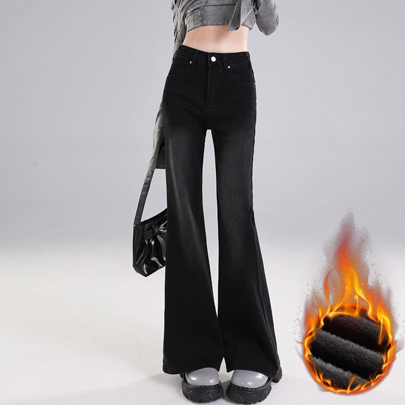 Non-stick leg micro-flared jeans women's embroidery autumn and winter retro high-waisted thin floor-mopping long pants