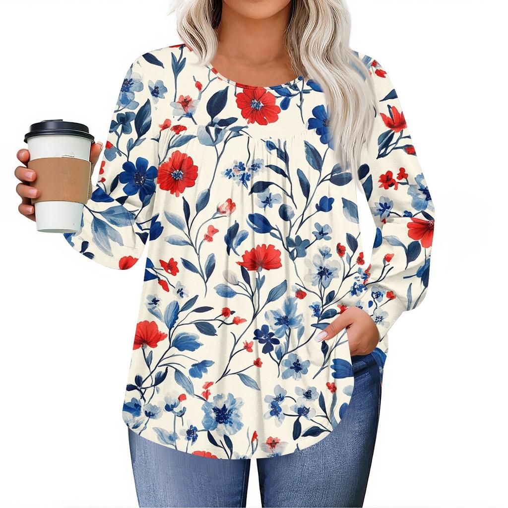 Womens Plus Size Tops Long Sleeve Shirts Round Neck Flowy Tunic Casual Loose Blouse L-5X