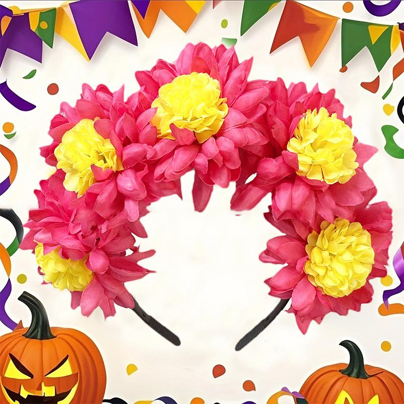 1Pc Day Of The Dead Artificial Marigold Hair Band Faux Chrysanthemum Headband Halloween Festival Party Flower Crown For Women