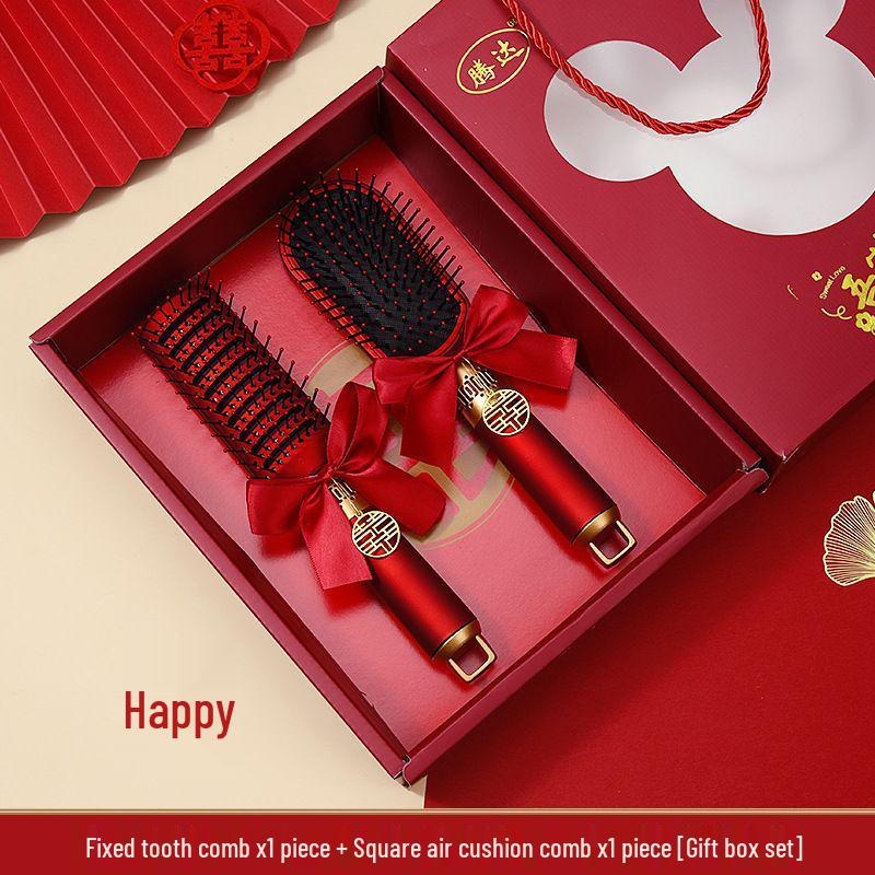 Приданое китайской невесты: Красный набор расчесок с воздушной подушкой - Пушистая воздушная подушка, Одна пара с подарочной коробкой для свадеб