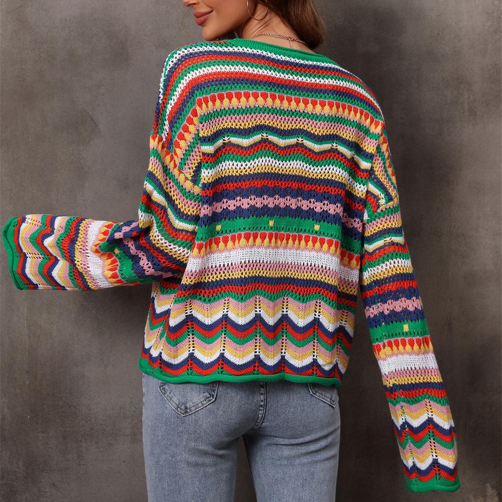 Модный женский свитер с круглым вырезом, свободный свитер в радужную полоску с длинным рукавом, топ