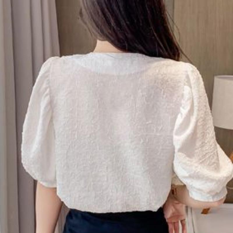 WTEMPO Брендовая женская шифоновая рубашка с v-образным вырезом и тиснением из бисера, летние модные универсальные свободные и тонкие топы с короткими рукавами и пузырьками