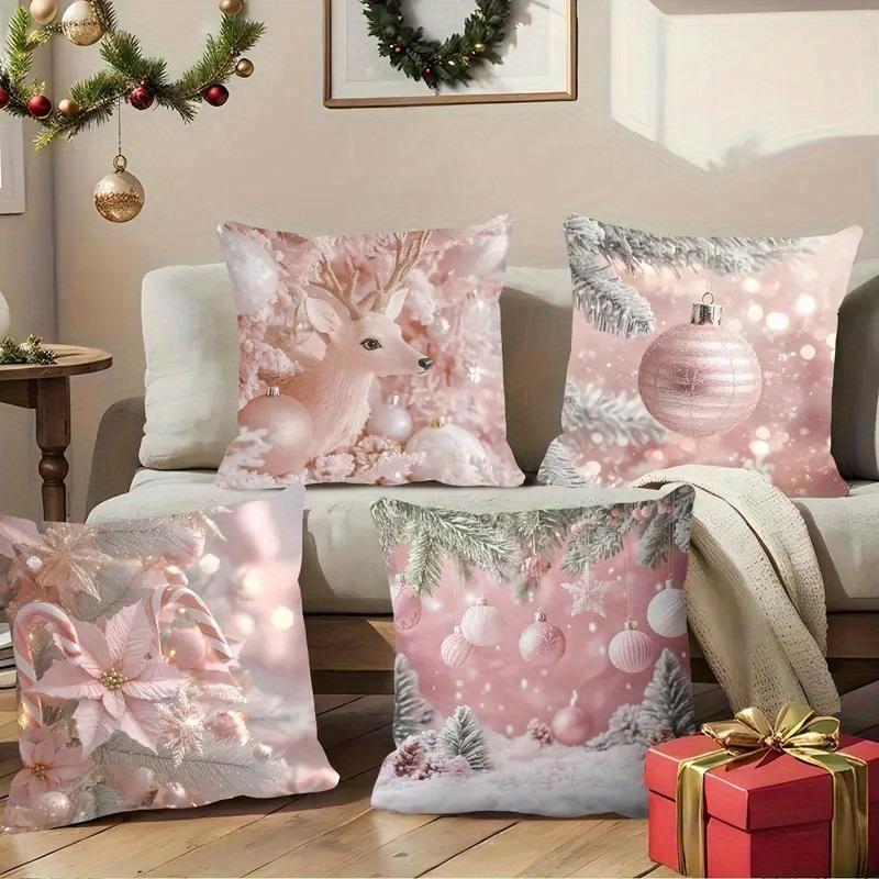 Pink Christmas Pillowcases: Deer, Balls & Frosty Foliage for Festive Flair! sofas, bedroom pillow covers, holiday gifts