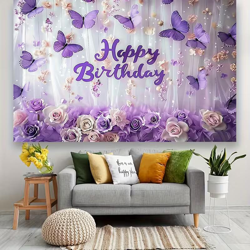 2D Purple Butterfly Happy Birthday Backdrop Banner with Roses & Flowers