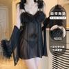 Women's Sheer Mesh Feather Trim Padded Sleep Dress with Robe Lounge Set