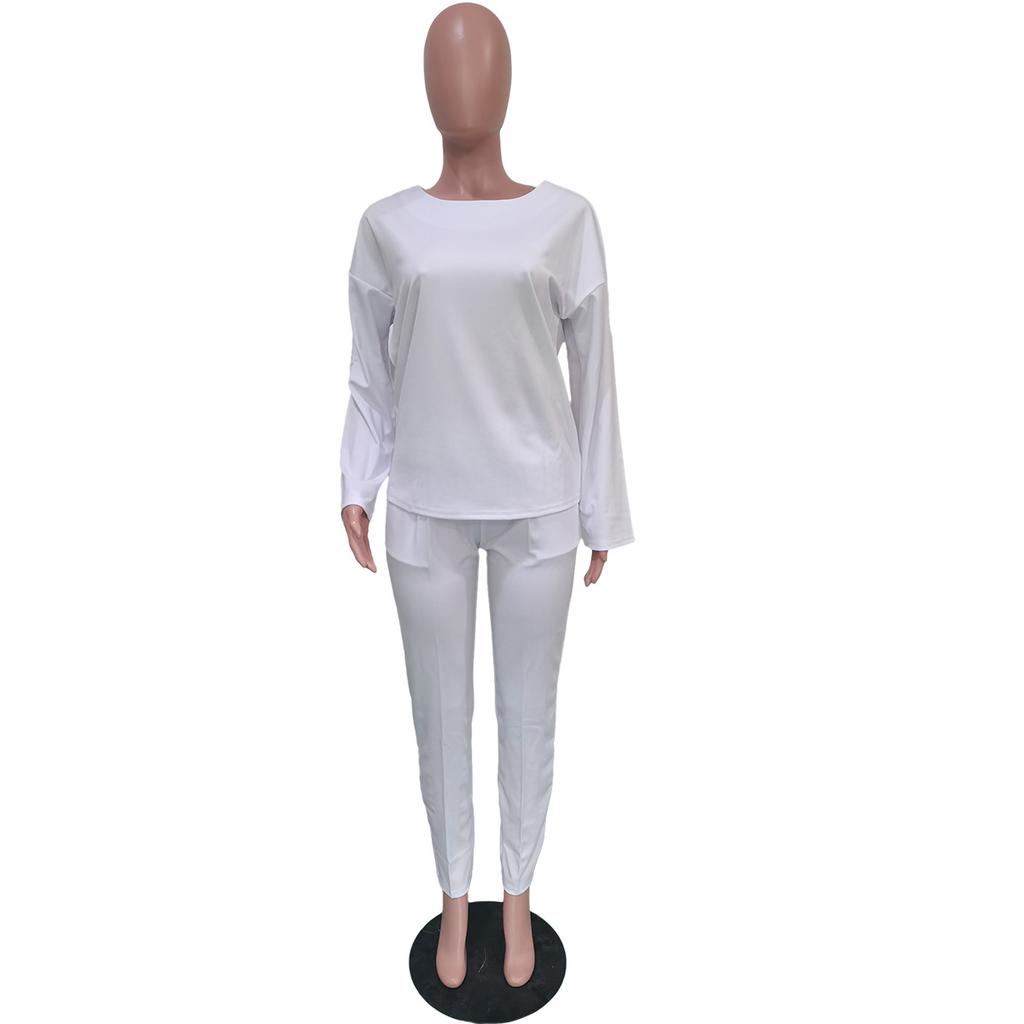 Женский комплект из двух предметов из плотной ткани Весна-Осень, Свободный топ с круглым вырезом и удобные брюки, Повседневный однотонный костюм для ежедневной носки