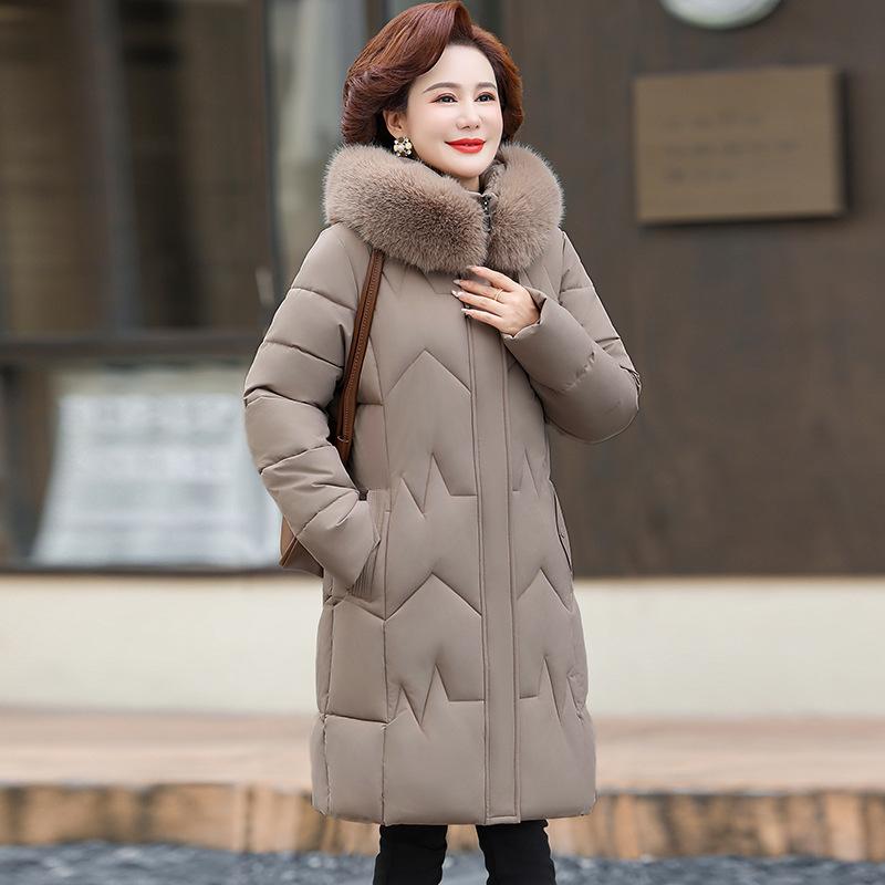 High-grade thickened down cotton clothes slim-fitting medium and long autumn and winter big fur collar warm middle-aged mother clothes women's coat