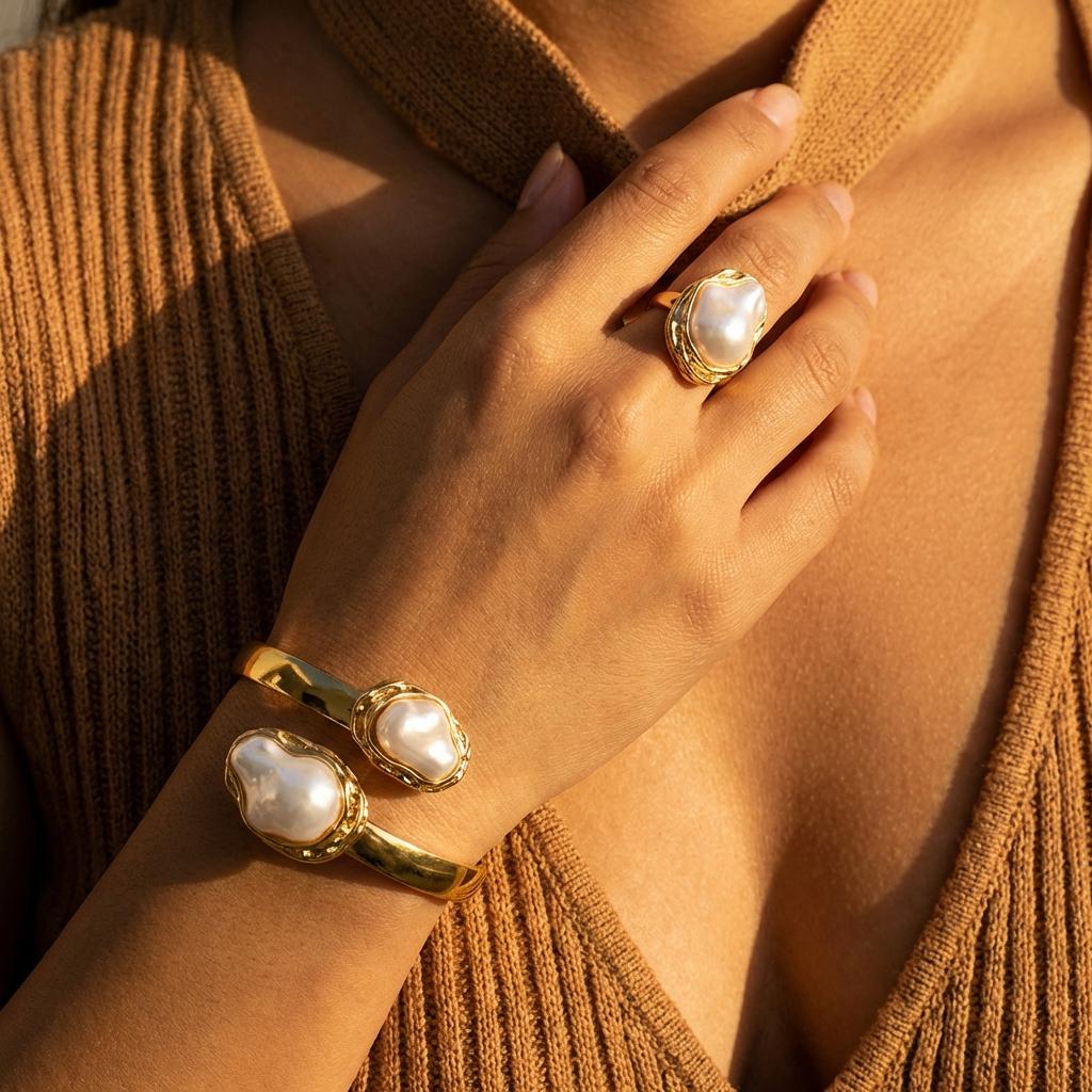 Vintage Baroque Imitation Pearl Jewelry Set for Women Metal Gold Color Open Cuff Bangle and Ring Party Daily Wear Jewelry Gift