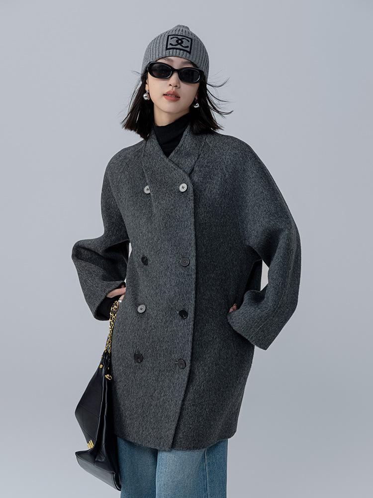 2025 Autumn/Winter Women's Stand Collar Double-Faced Medium Cocoon Alpaca Wool Coat
