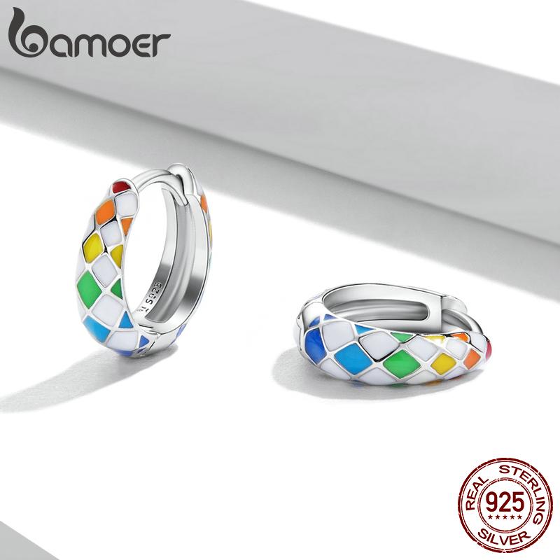 BAMOER New Trendy 925 Sterling Silver Rainbow Chequered Earrings Fashion Brilliant Color Ear Buckles for Women Fine Jewelry Gift
