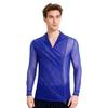 Mens Figure Skating Top Sheer Mesh Glittery Rhinestones Front Ruched Overlay Lapel V Neck Long Sleeve Shirt