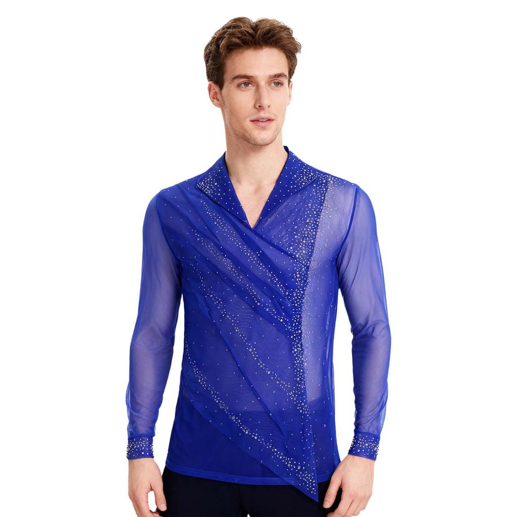 Mens Figure Skating Top Sheer Mesh Glittery Rhinestones Front Ruched Overlay Lapel V Neck Long Sleeve Shirt