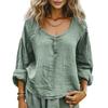Women's Casual Loose Fashion Long Sleeve Cotton Linen Solid Color Round Neck Button-down Shirt