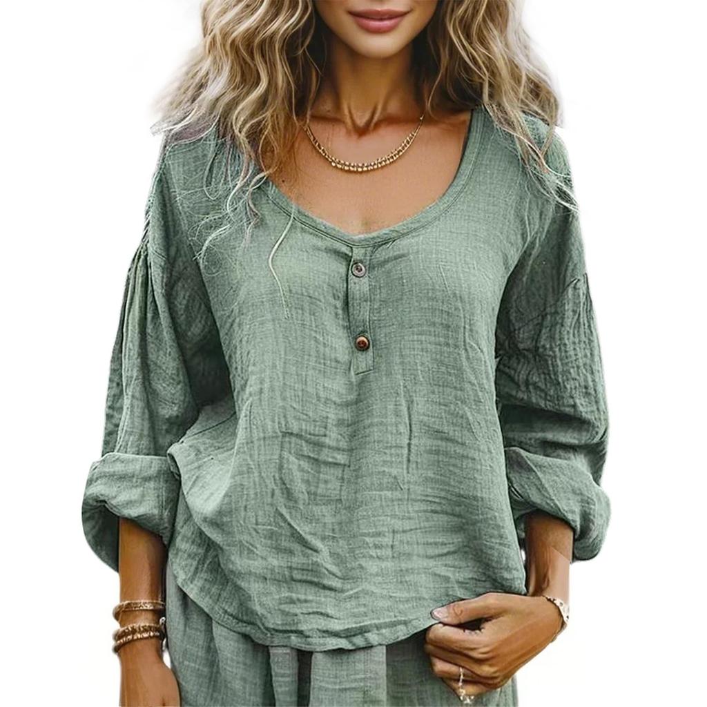 Women's Casual Loose Fashion Long Sleeve Cotton Linen Solid Color Round Neck Button-down Shirt