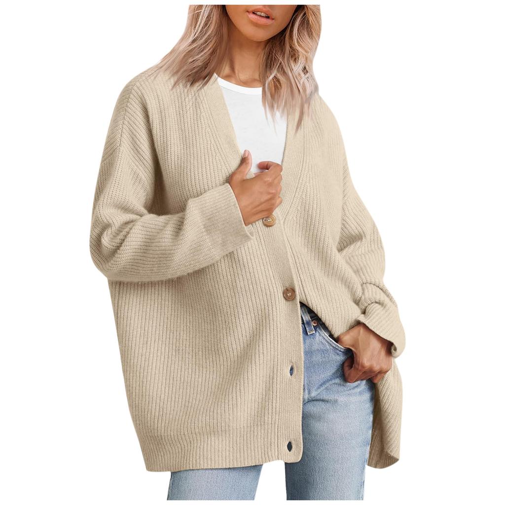 Women's Cardigan Front Oversized Button Lightweight Sweater V Neck Loose Cardigan Knitted Jacket