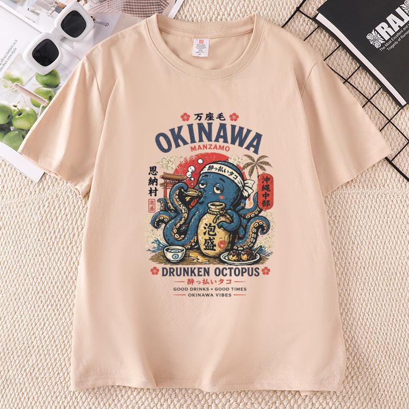 Drunken Octopus Okinawa TShirt Funny Japanese Streetwear Tee Graphic Tee Casual Round Neck Printed Cotton Short Sleeve Tees