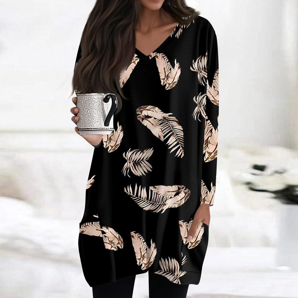 Womens Tops V-neck Long Sleeve Blouses Casual Mid-length Shirts Fashion Print Tunic Tops With Pockets