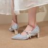 Fashion French High Heels Feminine Premium Block Heel Wedding Shoes 2025 New One Word Strap Pointed Toe Single Shoes Silver