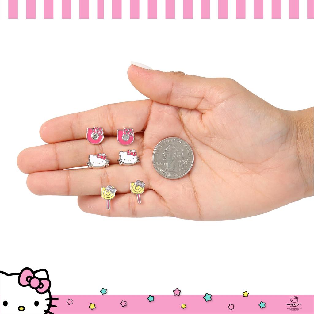 Набор Серьг Hello Kitty | Официально Лицензированный Набор из 3 Штук Пусет | Персонал Hello Kitty (Sanrio), Размер S, Имитация родия, Без драгоценных камней