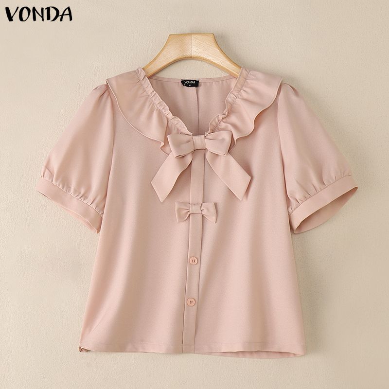 VONDA Женская блузка с лацканами, короткими рукавами, пуговицами, бантом, повседневная, укороченная