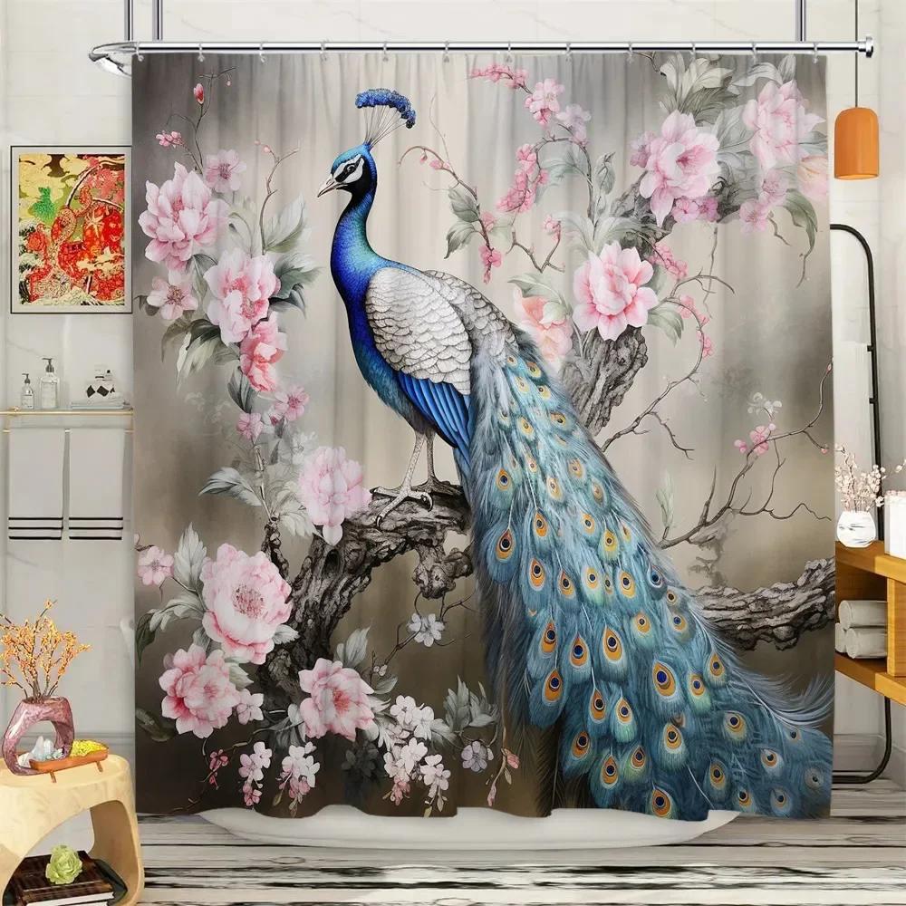 Peacock Shower Curtain Tropical Plant Flower Leaf Landscape Vintage Oil Painting Elegant Polyester Fabric Bathroom Decor Curtain