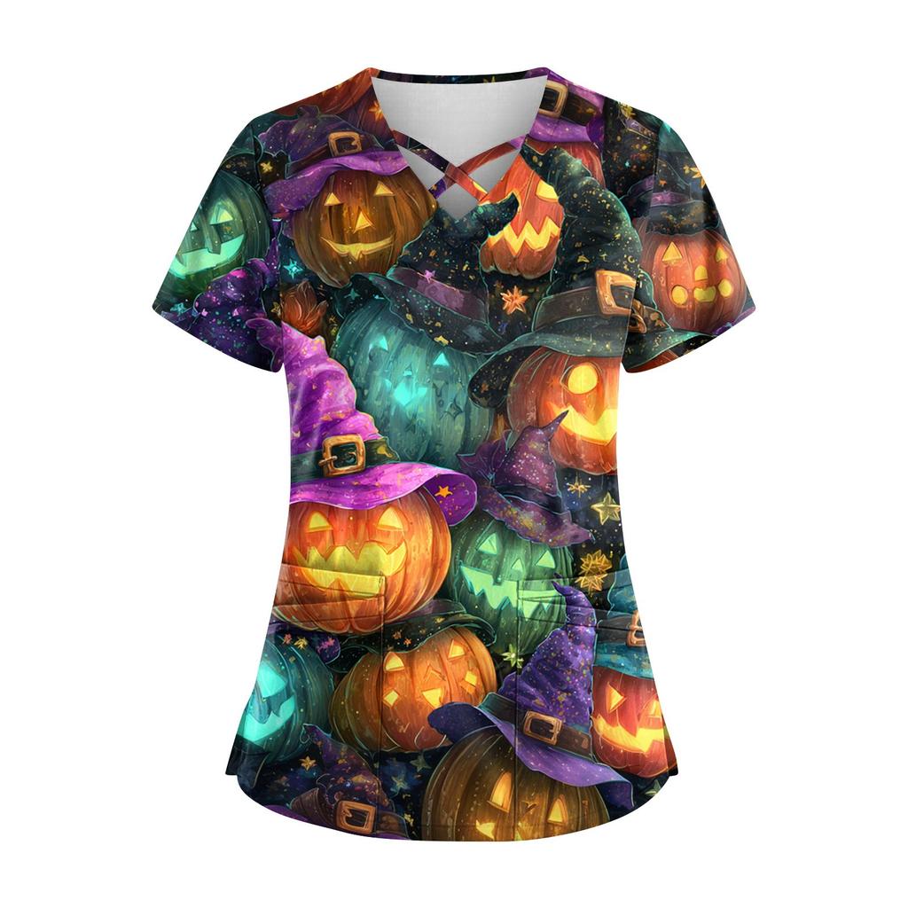 Women's Short Sleeve Stagger V Neck Print Pocket Dry- Top