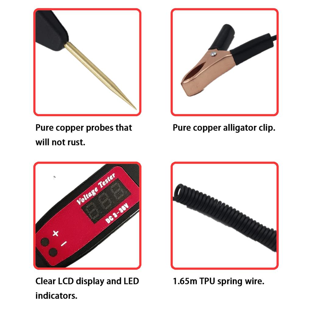 3-36V DC Car Two-Pole  Voltage Tester Lamp, Current Tester Pen Tool, Battery Tester Voltage Detector, Circuit Test Pen Diagnostic Tool,Alligator Clips